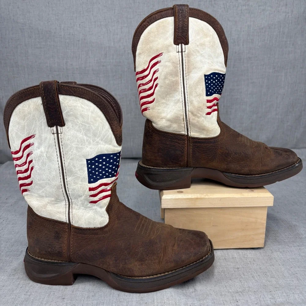 Durango Lil Rebel American Flag Brown Leather Square Toe Cowboy Boots Kid Size 6